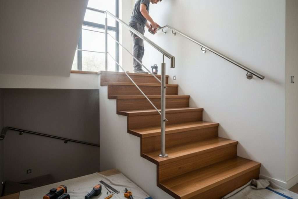 Pose de main courante sur escalier quart tournant