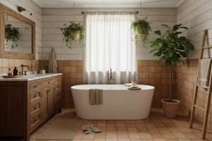 Salle de bain : une ambiance terracotta et bois réussie