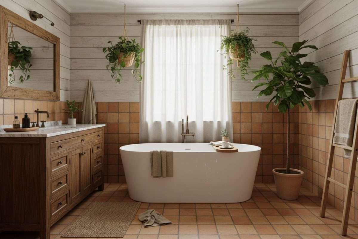 Salle de bain : une ambiance terracotta et bois réussie